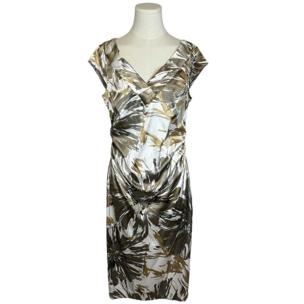 MAGGY LONDON Gold Champagne Floral‎ Dress size 12 Midi V Neck Party Date Night